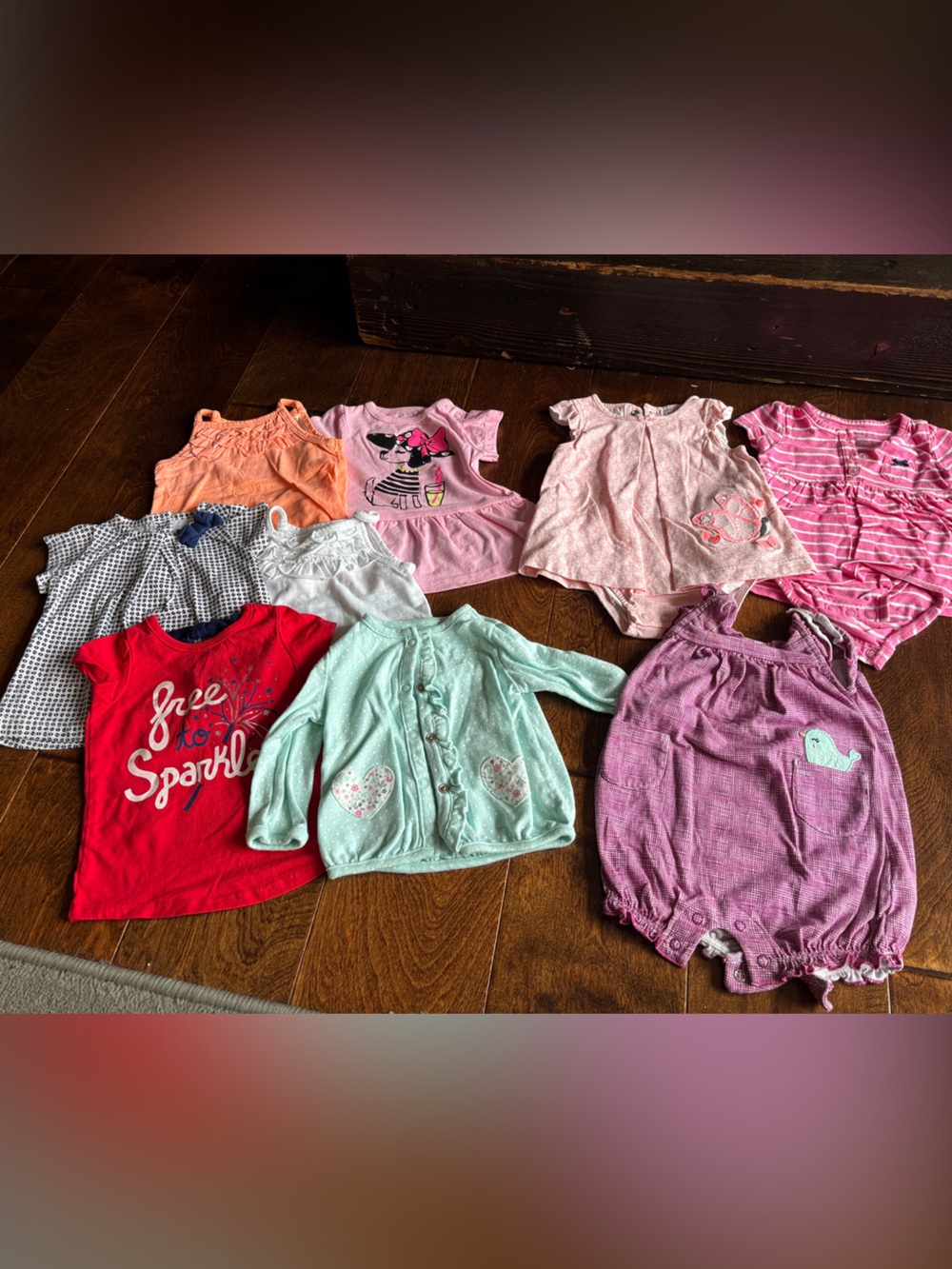 6 tops and 3 rompers with various designs